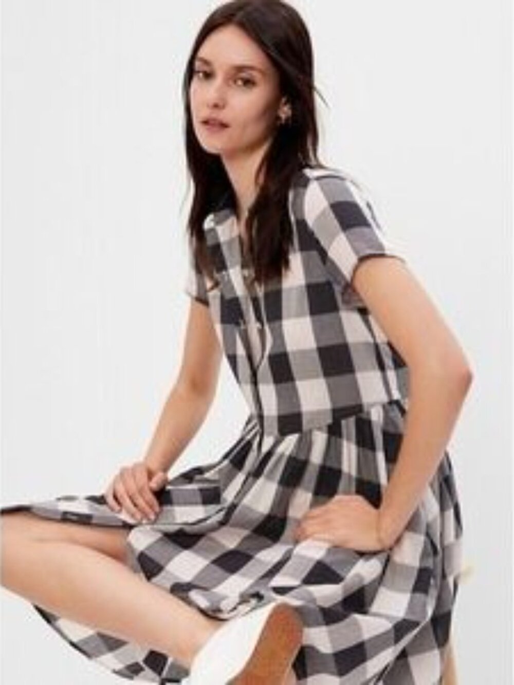 GAP Black and Cream Buffalo Plaid Button Front Babydoll Dress SZ M